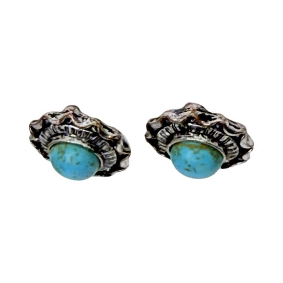 Silver Tone Faux Turquoise Stud Earrings Button Native Style Southwestern - Picture 4 of 8